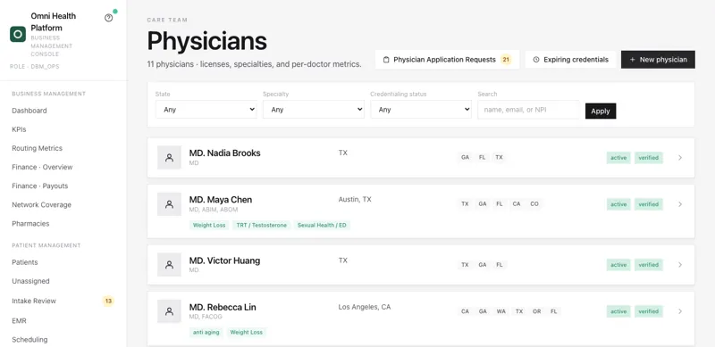 Physician roster with licensed states, specialties, account status and credentialing status