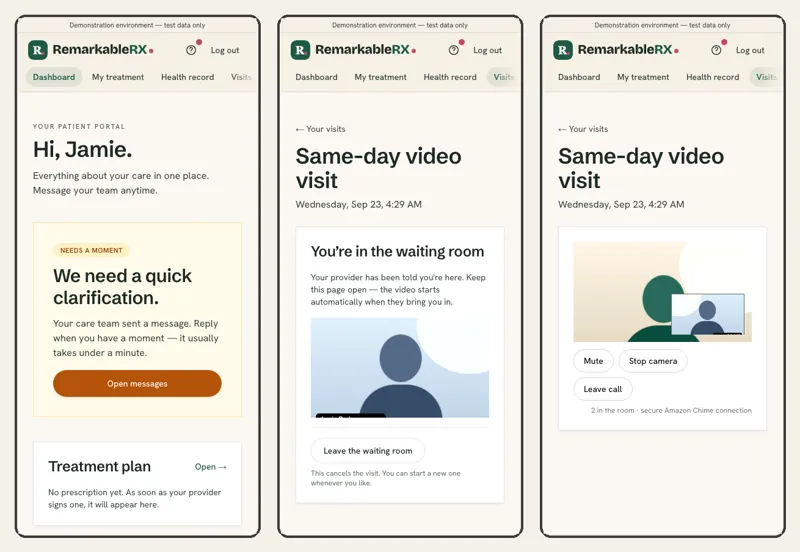 Three phone screens: the patient dashboard asking for a quick clarification, the video waiting room, and the visit in progress