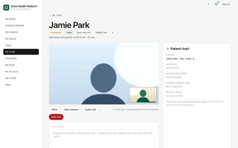 Video visit in progress with the patient chart beside the call and visit notes below